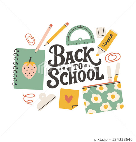 Back to school label. School Background Poster Card. Sale tag. Flat vector illustration. Hand drawn lettering badge. Typography emblem 124338646