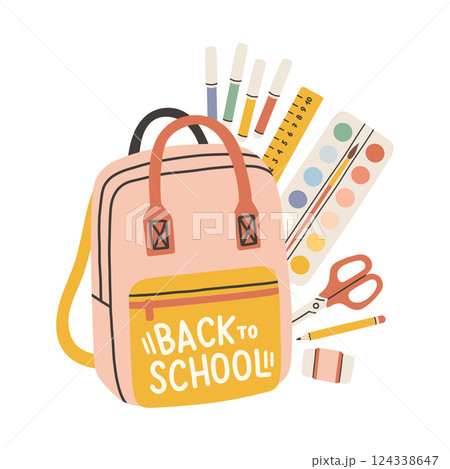Back to school label. School Background Poster Card. Sale tag. Flat vector illustration. Hand drawn lettering badge. Typography emblem 124338647