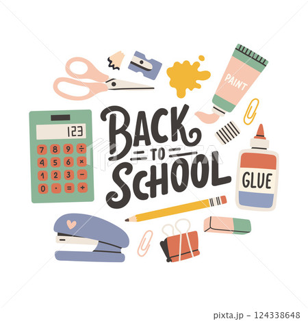 Back to school label. School Background Poster Card. Sale tag. Flat vector illustration. Hand drawn lettering badge. Typography emblem 124338648