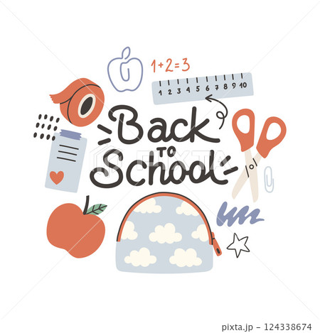 Back to school label. School Background Poster Card. Sale tag. Flat vector illustration. Hand drawn lettering badge. Typography emblem 124338674