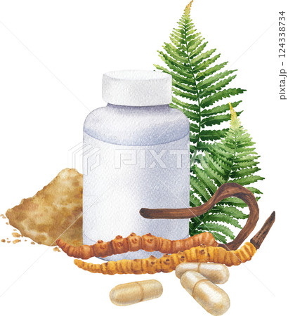 Watercolor plastic bottle of a Cordyceps mushroom supplement decorated with fern leaves, moss, pills and powder 124338734