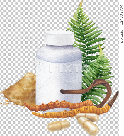 Watercolor plastic bottle of a Cordyceps mushroom supplement decorated with fern leaves, moss, pills and powder 124338734