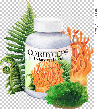 Realistic watercolor plastic bottle of a Cordyceps mushroom supplement decorated with fern leaves and moss 124338735