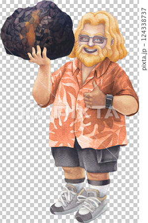 A cheerful bearded man in a Hawaiian shirt holds a large Chaga mushroom, smiling and giving a thumbs-up 124338737