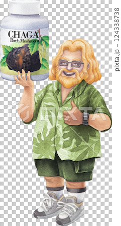 Watercolor man in a Hawaiian shirt holds a bottle of Chaga mushroom supplements, smiling and giving a thumbs-up. Watercolor man in a Hawaiian shirt holds a bottle of Chaga mushroom supplements, smiling and giving a thumbs-up. 124338738