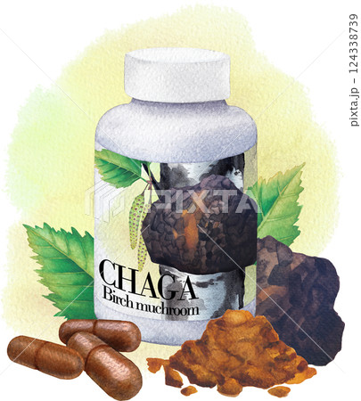 Realistic watercolor plastic bottle of an Chaga mushroom supplement decorated with Birch leaves and catkins. Realistic watercolor plastic bottle of an Chaga mushroom supplement decorated with Birch leaves and catkins. 124338739