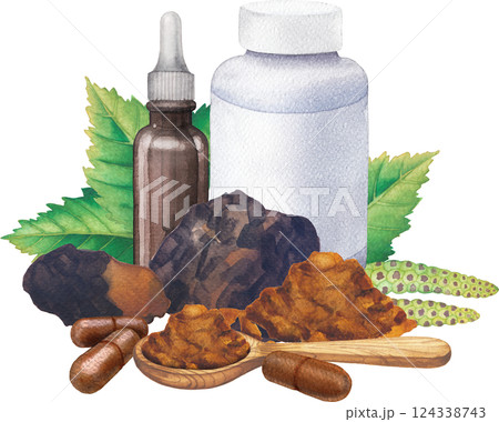 Realistic watercolor plastic bottle of an Chaga mushroom supplement decorated with Birch leaves and catkins. Realistic watercolor plastic bottle of an Chaga mushroom supplement decorated with Birch leaves and catkins. 124338743