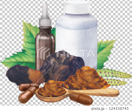 Realistic watercolor plastic bottle of an Chaga mushroom supplement decorated with Birch leaves and catkins. 124338743