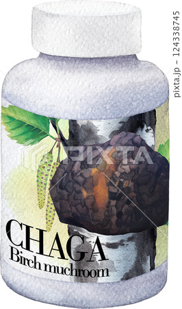 Realistic watercolor plastic bottle of a Chaga mushroom supplement Realistic watercolor plastic bottle of a Chaga mushroom supplement 124338745