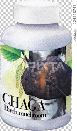 Realistic watercolor plastic bottle of a Chaga mushroom supplement 124338745