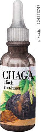 Realistic watercolor glass bottle of a Chaga mushroom extract 124338747