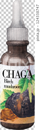 Realistic watercolor glass bottle of a Chaga mushroom extract 124338747