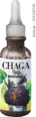Realistic watercolor glass bottle of a Chaga mushroom extract 124338748