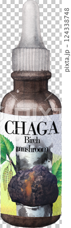 Realistic watercolor glass bottle of a Chaga mushroom extract 124338748