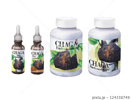 Realistic watercolor plastic and glass bottles of a Chaga mushroom supplements and extract 124338749