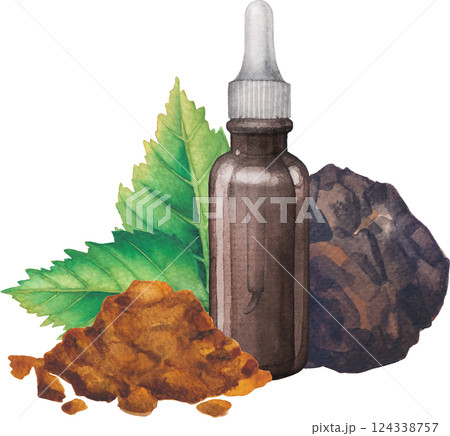 Realistic watercolor glass bottle decorated with Chaga mushroom, Birch leaves and powder. Realistic watercolor glass bottle decorated with Chaga mushroom, Birch leaves and powder. 124338757