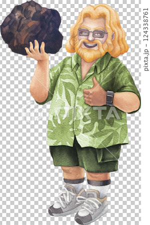 A cheerful bearded man in a Hawaiian shirt holds a Chaga mushroom, smiling and giving a thumbs-up 124338761