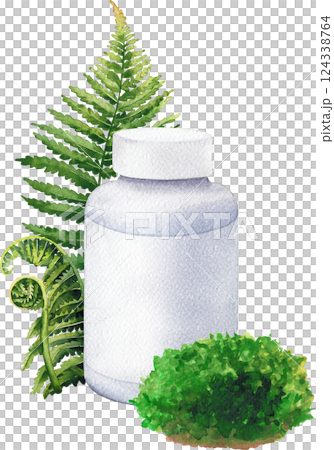 Realistic watercolor plastic vitamins bottle with a blank label and decorated with fern leaves and moss 124338764