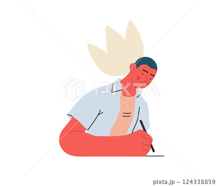 Writing people, modern flat vector concept illustration- sitting woman thoughtfully writing on paper, bubble near head Metaphor for reflection, personal insight, contemplation, creative expression Writing people, modern flat vector concept illustration- sitting woman thoughtfully writing on paper, bubble near head Metaphor for reflection, personal insight, contemplation, creative expression 124338859