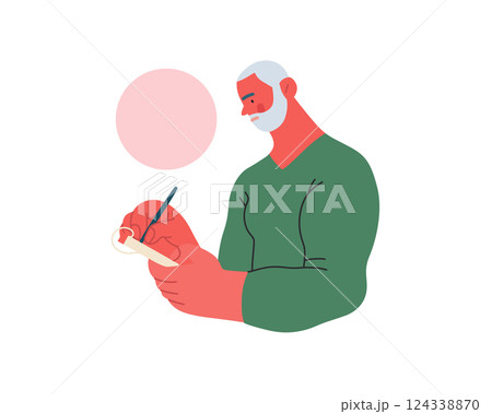 Writing people, modern flat vector concept illustration- standing man thoughtfully writing on notebook, bubble near head Metaphor for reflection, personal insight, contemplation, creative expression 124338870