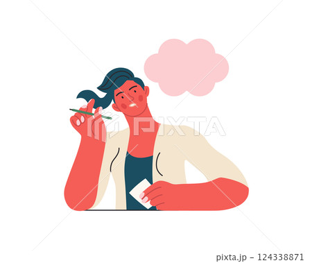 Writing people, modern flat vector concept illustration- sitting woman thoughtfully writing on paper, bubble near head Metaphor for reflection, personal insight, contemplation, creative expression Writing people, modern flat vector concept illustration- sitting woman thoughtfully writing on paper, bubble near head Metaphor for reflection, personal insight, contemplation, creative expression 124338871