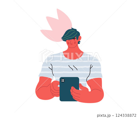 Writing people, modern flat vector concept illustration- standing man thoughtfully writing on tablet, bubble near head Metaphor for reflection, personal insight, contemplation, creative expression 124338872