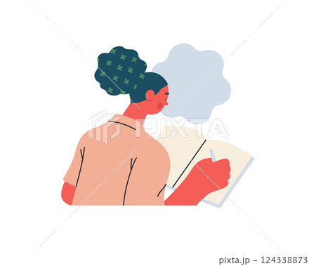 Writing people, modern flat vector concept illustration- sitting woman thoughtfully writing on notebook, bubble near head Metaphor for reflection, personal insight, contemplation, creative expression Writing people, modern flat vector concept illustration- sitting woman thoughtfully writing on notebook, bubble near head Metaphor for reflection, personal insight, contemplation, creative expression 124338873