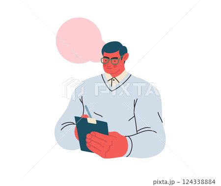 Writing people, modern flat vector concept illustration- standing man thoughtfully writing on clipboard, bubble near head Metaphor for reflection, personal insight, contemplation, creative expression Writing people, modern flat vector concept illustration- standing man thoughtfully writing on clipboard, bubble near head Metaphor for reflection, personal insight, contemplation, creative expression 124338884