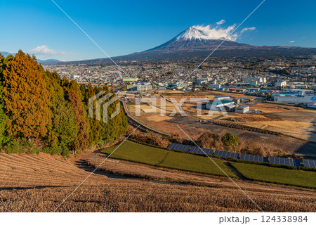 【静岡県】富士市の茶畑と街並み越しに富士山 124338984