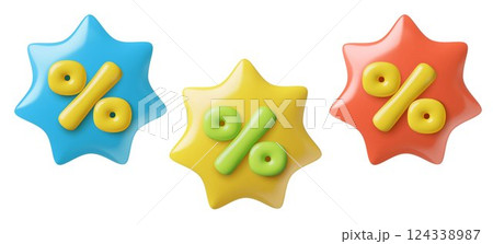 Red blue and yellow 3d sale price tags with percentage in a starburst shape Red blue and yellow 3d sale price tags with percentage in a starburst shape 124338987