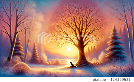 冬の夕暮れ、大きな木の下で黄昏を見つめる一匹のキツネが佇む静寂の森の風景 124339621