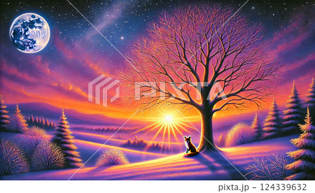 紫に染まる星空と夕日を背景に、輝く木の下でたたずむキツネの幻想的な冬の光景 124339632