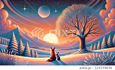 雪原に座るキツネとウサギが二つの星を見上げる幻想的な夕暮れの冬の物語風景 124339636