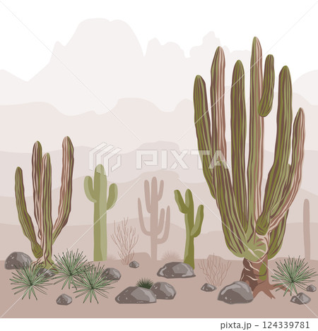 Desert seamless pattern with saguaro and giant cardon cacti, and mountains ranges. Wild American West landscape. Vector illustration Desert seamless pattern with saguaro and giant cardon cacti, and mountains ranges. Wild American West landscape. Vector illustration 124339781