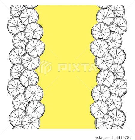Lemon slices frame Vector design with graphic line ink hand drawn horizontal seamless border. black and white Design for menu, package, cosmetic, textile, package. Lemon slices frame Vector design with graphic line ink hand drawn horizontal seamless border. black and white Design for menu, package, cosmetic, textile, package. 124339789