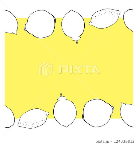 Lemon whole citric fruits seamless horizontal border frame. Hand drawn vector graphic line ink illustration. black and white Banner for menu, package, cosmetic, textile, cards 124339812