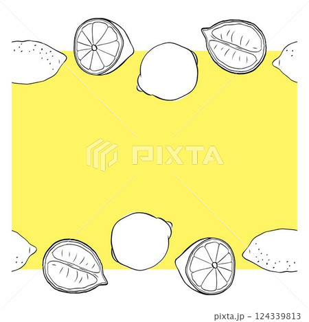 Lemons whole and cut seamless horizontal border frame. black and white colored Citrus lemons line graphic ink vector art. Design for menu, package, cosmetic, textile, package 124339813