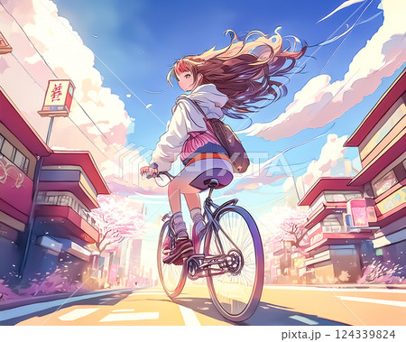 自転車で走る女の子のイラスト背景 124339824