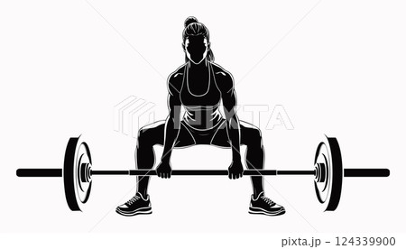 A Strong Woman Performing a Dynamic Weightlifting Pose While Lifting a Barbell with Power 124339900