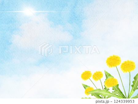 水彩で描いたたんぽぽと青空のイラスト 124339953