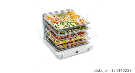 Food Dehydrator With Multiple Trays Of Fresh Vegetables And Snacks. Healthy Food Preservation Isolated On Transparent Background 124340288
