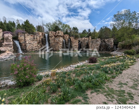 Scenic Waterfall Landscape with Lush Greenery and Clear Blue Sky. Scenic Waterfall Landscape with Lush Greenery and Clear Blue Sky. 124340424