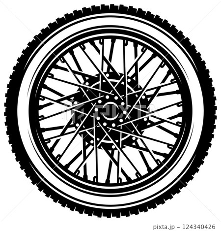 Detailed Vector Illustration of a Motorcycle Wheel with Spokes and Tire Tread Pattern 124340426
