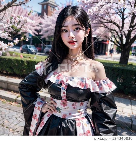 桜とオシャレ衣装で撮影 桜とオシャレ衣装で撮影 124340830