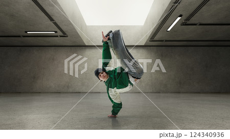Composite collage. Street dancer, dressed retro clothes, doing freeze on one hand with leg pulled high, moving like music in empty, grey, concrete room with soft light. Composite collage. Street dancer, dressed retro clothes, doing freeze on one hand with leg pulled high, moving like music in empty, grey, concrete room with soft light. 124340936