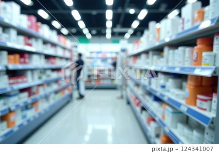 Interior of pharmacy with medicines on shelves, blurred abstract background Interior of pharmacy with medicines on shelves, blurred abstract background 124341007
