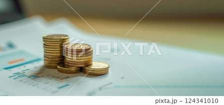 Banner with stacks of yellow coins on charts and graphs, the concept of saving, compound interest 124341010