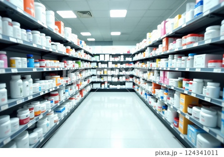 Pharmacy, shelves and bottles, pharmaceutical health supplies. Store, storage and retail for pharmacy supplies 124341011