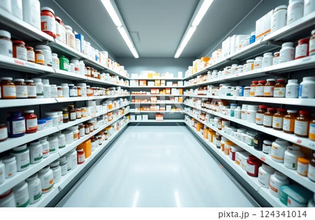 Pharmacy, shelves and bottles, pharmaceutical health supplies. Store, storage and retail for pharmacy supplies 124341014