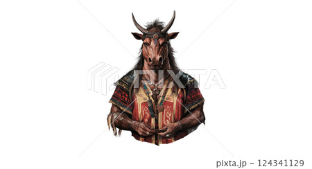 Anthropomorphic Bull In Traditional Attire. Cultural Symbolism And Fantasy Illustration Isolated On Transparent Background Anthropomorphic Bull In Traditional Attire. Cultural Symbolism And Fantasy Illustration Isolated On Transparent Background 124341129